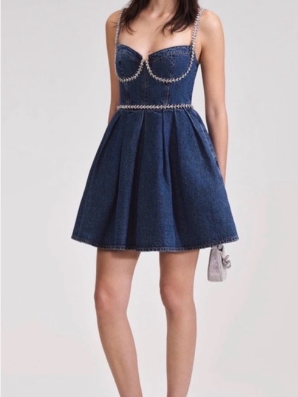 Self-Portrait Dark Blue Denim Crystal-Trim Sweetheart Mini Dress
